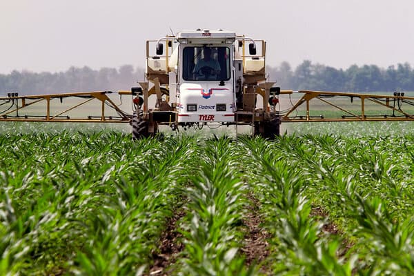 Spraying Roundup weedkiller in a field