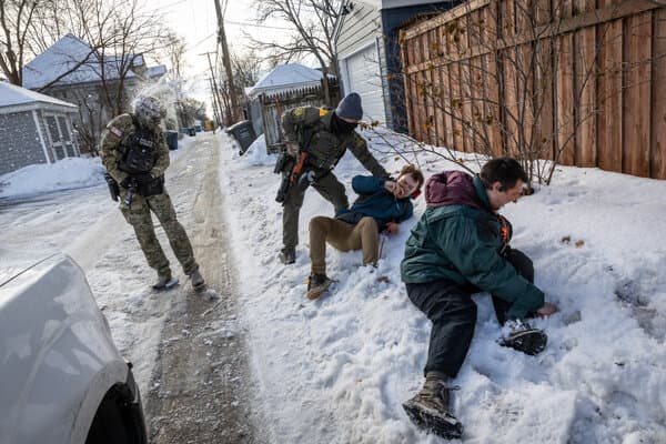 Illustration depicting ICE agents and protest imagery
