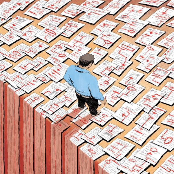 Illustration depicting IRS audit documents and financial charts related to private equity and venture capital firms