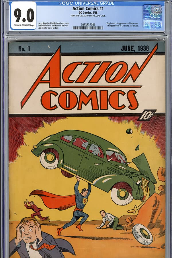 A 1938 comic book cover showing Superman lifting a car