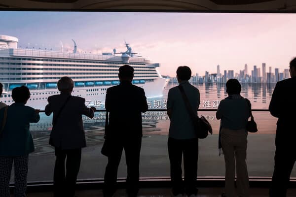 Duty-free shopping complex in Hainan Island with luxury stores and tourists